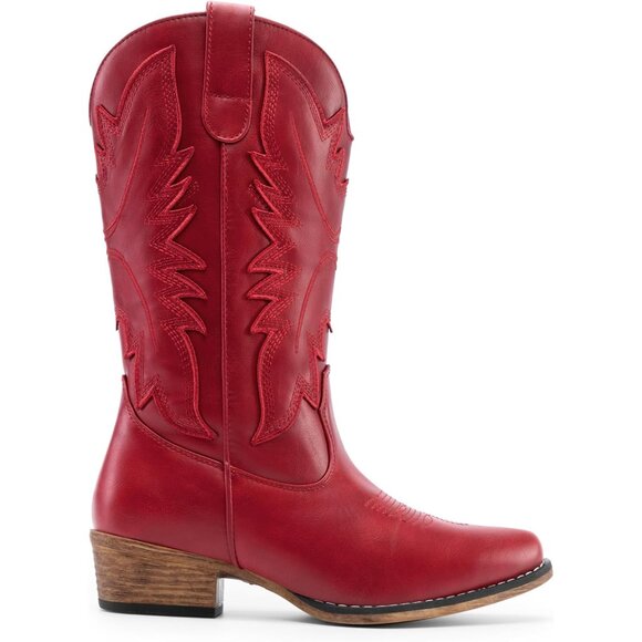 Cowgirl Western Boots Faux Leather Women 7.5 Mid Calf Snip Toe Embroidered - Picture 2 of 8